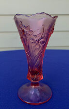 Fenton Art Glass daffodil intaglio dark pink vase, scalloped rim, 8"