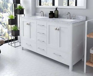 60" White Double Bathroom Vanity Cabinet Carrara Marble Countertop Square Sinks - Picture 1 of 3