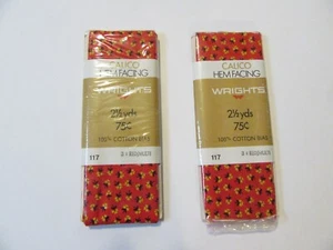 (2) Vintage Wright’s Calico Hem Facing Cotton #117-3 Red w/Tiny Yellow Flowers - Picture 1 of 7