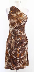 NWT $275 Laundry Brown One Shoulder Snakeskin Print Sequin Ruched Dress Size 6 - Picture 1 of 8