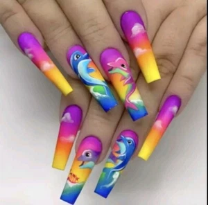 Dolphin design Long Coffin Press-On Nails Set Matte Pink Colorful Reusable 💗 - Bild 1 von 5