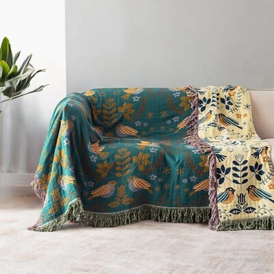 NEW XL Teal Reversible Boho Bird Tassel Throw Blanket Bedspread Quilt 80 x 60 - Image 1 of 4