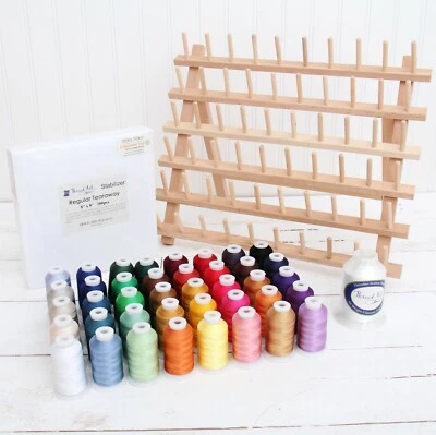 MACHINE EMBROIDERY SET: 40 COLORS POLYESTER THREAD, BOBBIN, STABILIZER, RACK - Image 1 of 4