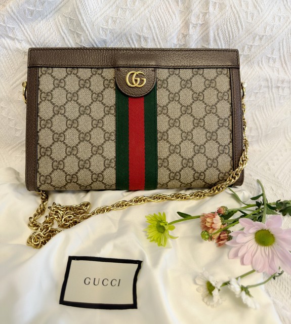 Gucci Ophidia GG small shoulder bag w/16.9” gold chain strap. 10”W 6.5” H  3.5” D