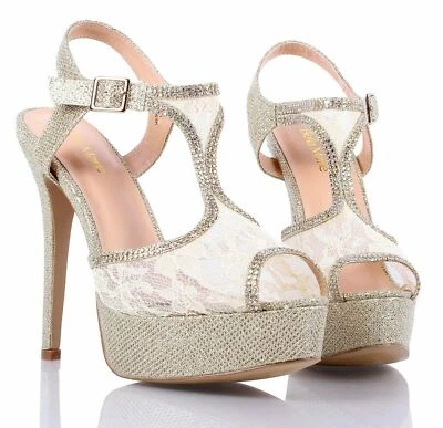 Gold Color Peep Toe Stiletto Lace Glitter Slingbacks Womens High Heels Size 7 - Image 1 of 4