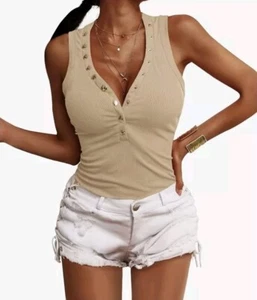 Womens V Neck Tank Top Ribbed Sleeveless Size Medium NEW - Picture 1 of 4