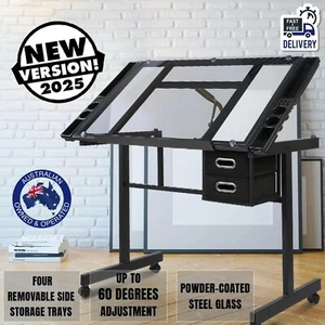 Artiss Drawing Desk Drafting Table Craft Adjustable Glass Art Tilt Drawers Grey - Picture 1 of 12