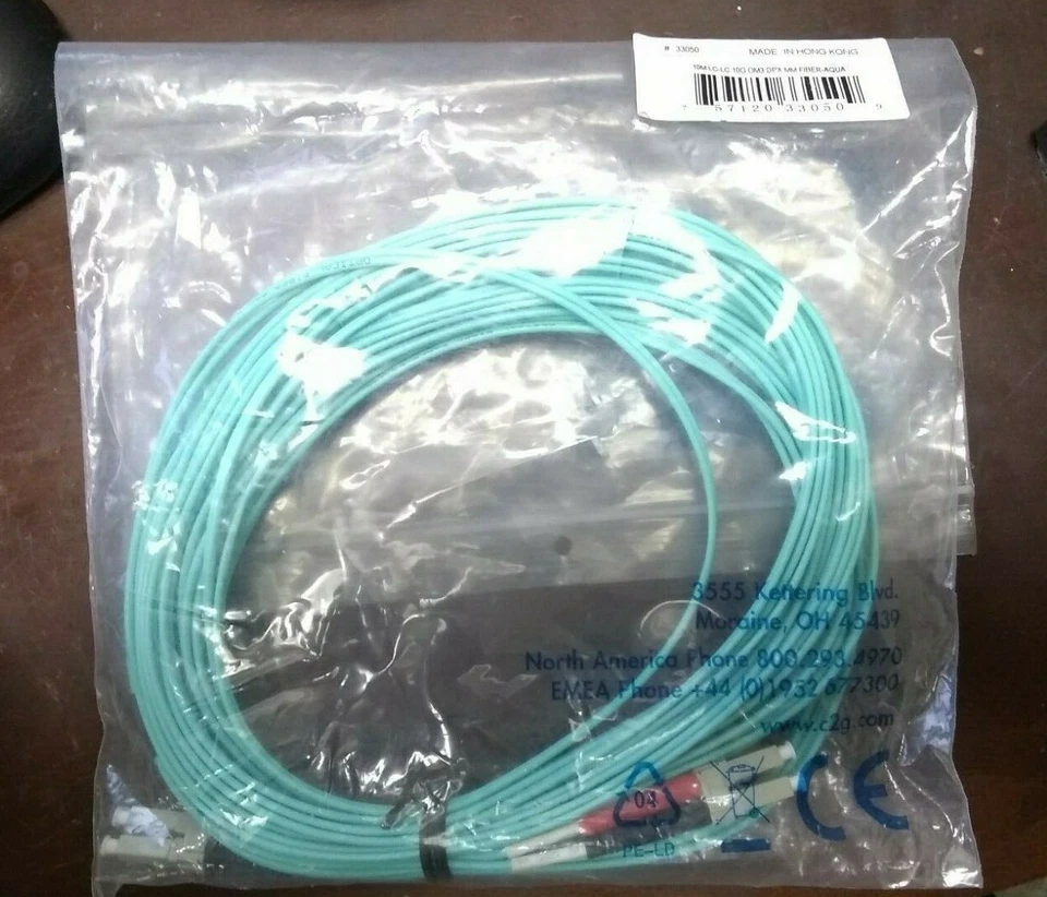 C2G 10m LC-LC 10Gb 50/125 OM3 Duplex Multimode PVC Fiber Optic Cable Aqua 33050 - Image 1 of 1