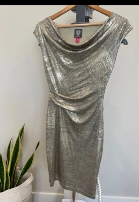 Vestido Vince Camuto Dorado Negro Metálico Capucha Escote Talla 2 Foto 1 de 4