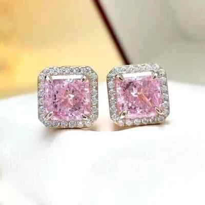 4.00Ct Asscher Cut Lab Created Pink Sapphire Stud Earrings 14K Rose Gold Plated - Image 1 of 4
