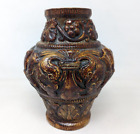 Vtg German Pottery Brown Glaze Grapevine Scroll Majolica 4566 Vase Germany O22