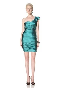 NWT VERA WANG LAVENDER Sz2 ONE SHOULDER RUFFLED STRETCH SATIN DRESS EMERALD - Picture 1 of 6