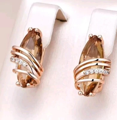 Luxus Ohrringe Huggie 585er Rolled Roségold Walzgold mit braunem Zirkon Kristall - Bild 1 von 4