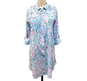 Lilly Pulitzer Natalie Shirtdress Cover-Up SZ  Small Blue Pink Ocean Beach Fish - Picture 1 of 7