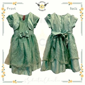 Trendy Girl Brand Girls Green Sequin Tulle Bling Bow Cap Sleeve Dress Size 4T - Picture 1 of 3