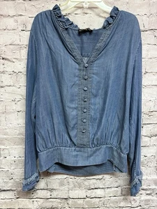Karl Lagerfeld Women’s Long Sleeve Denim Shirt Size Small Ruffle Button - Picture 1 of 5