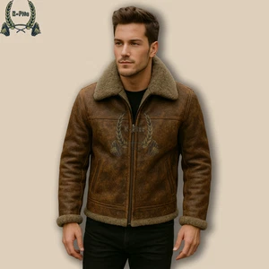 Vintage Distressed Leather Shearling Jacket – Men’s Winter Aviator Coat - Picture 1 of 5