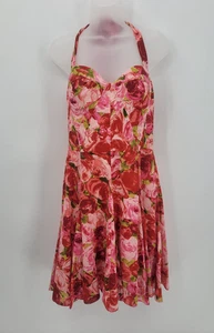 Betsey Johnson Halter Dress Womens 14 Pink Red Roses Smocked Romantic Flared - Picture 1 of 8