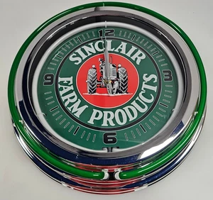 15" Sinclair Farm Products Sign Green Double Neon Clock - Picture 1 of 4