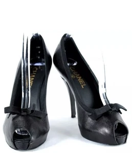 CHANEL Black Leather Ribbon Trim Bow Detail Peep Toe High Heel Pumps 38 - Picture 1 of 17