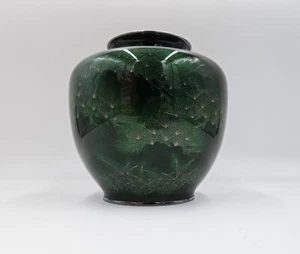 ANDO JUBEI GINBARI JAPANESE CLOISONNE VASE GREEN WITH BAMBOO FANS 8.5" - Picture 1 of 17