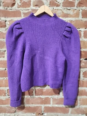 Sandro Violet Purple 100% Wool Sweater Ribbed Puff Sleeve - Image 1 of 3