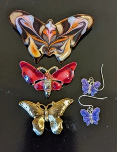 3 Enamel Butterfly Pins Rhinestones Copper + Avon Butterfly Pierced Earrings - Picture 1 of 2