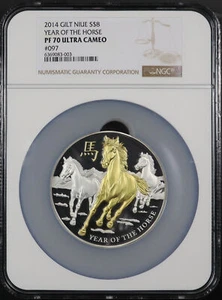 2014 Niue $8 Lunar Series Year Of The Horse 5oz Gilt NGC PF-70UC #97/500 Top Pop - Picture 1 of 2