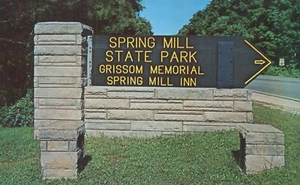 Letrero de entrada Spring Mill State Park & Spring Mill Inn postal de Indiana - Imagen 1 de 2