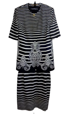 VTG Louis Feraud Germany Skirt Suit 12 Silk Stripe Gold Button Blue White READ - Image 1 of 4