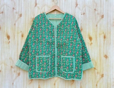 Green Quilted Cotton Floral Jacket Handmade Cotton Jacket Women's Clothing US - Image 1 of 4