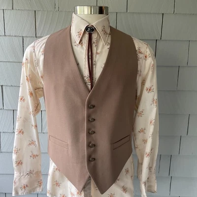 70s Vintage Stylish Men's Taupe Vest with Satin Lining and Stylized "MH" Buttons - Image 1 of 4