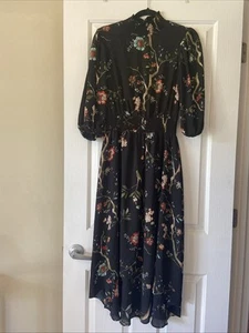 Nannette Lepore schwarz gesmokter Ausschnitt Blumen Kleid Landhaus Fee Goth skurril 6 - Bild 1 von 14