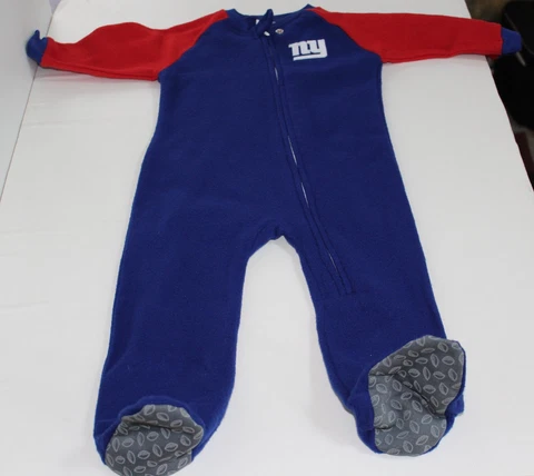New York Giants NFL Team Apparel Kids 6/9 Months Blue + Red Footie Pajamas Cover
