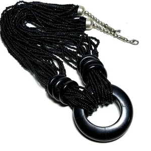 Schwarze Glas Rocailles Multi 20 Strang Halskette Stamm Ethno 25" Vintage - Bild 1 von 6