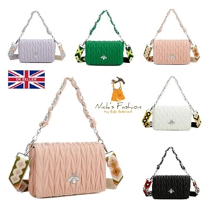 Brand New Women's Quilted Shoulder Bag With Bee Badge And Colourful Guitar Strap - Picture 1 of 12