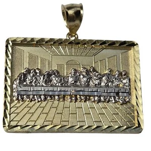 10k solid Yellow White gold last supper pendant charm diamond cut - Picture 1 of 17