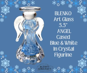 BLENKO Art Glass 5.5" ANGEL Figurine Cased Blue & White In Crystal-Marked - Picture 1 of 11