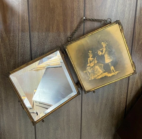 Antique France Boudoir Gilt Metal & Beveled Glass Tri-Fold Carry Mirror Cover