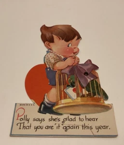 Vintage Valentinstag mechanische Karte - Junge mit Papagei - Polly sagt - Bild 1 von 6