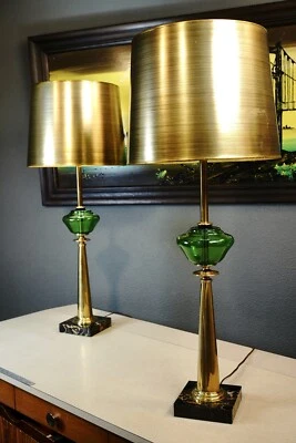 Mid Century Hollywood Regency Rembrandt Table Lamps Torchiere Brass & Green - Image 1 of 4