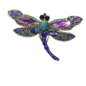 Stunning Large Dragonfly Brooch With Blue & Purple Crystals Gold Tone - Picture 1 of 2