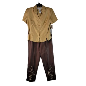 Sag Harbor Womens Brown 2 Pc Set Button Up Blouse Dress Pants Size 12 NWT - Picture 1 of 17