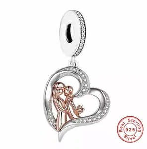 💖 Mum And Daughter Charm Mother Love Heart Genuine 925 Sterling Silver - Picture 1 of 3