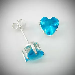 6mm HEART CZ Zircon Blue Post Stud Earrings in SOLID 925 Sterling Silver - NEW! - Picture 1 of 7