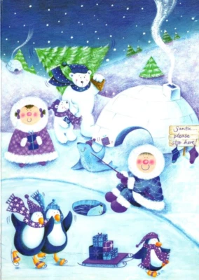 FUN ESKIMO SCENE PENGUIN ICE SKATING Christmas Greeting Card w/ Envelope MG71 - Image 1 of 3