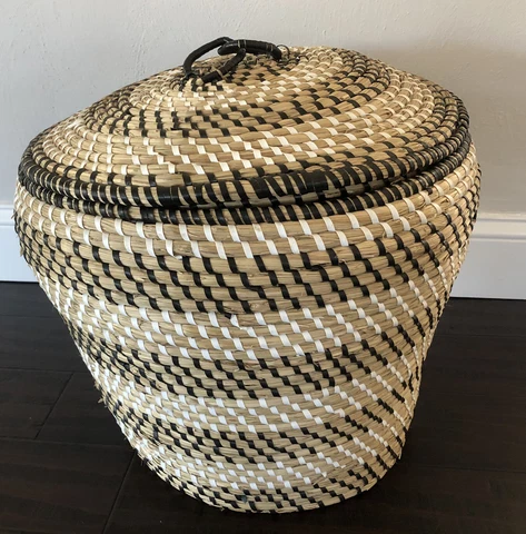 Brown Seagrass Basket with Lid Laundry Hamper Handwoven Handmade LARGE 16" Tall Cover