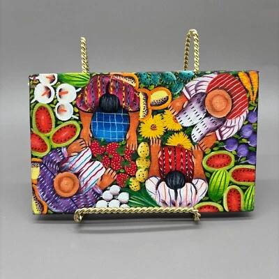 Vintage Signed Guatemalan Acrylic Canvas Painting Vista Del Pajaro Folk Art 8x5" - Image 1 of 4