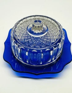 Vintage Imperial Glass Cobalt Blue With Clear Glass Butter Dish - Picture 1 of 9