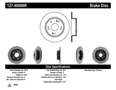 StopTech For 05-17 Honda Accord/HR-V& Acura TSX Rear Right Disc Brake 127.40068R - Image 1 of 4